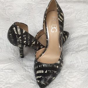BCBG Heels Black d’Orsay Snakeskin 3” Lenny